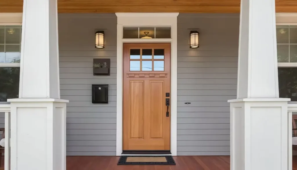 Front porch with light wood door, gray siding, black mailbox, modern lights, and white trim columns