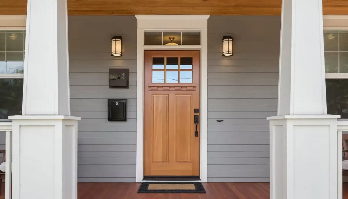 Front porch with light wood door, gray siding, black mailbox, modern lights, and white trim columns